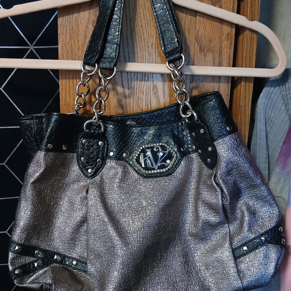 Kathy Van Zeeland Black and Silver Shoulder Bag